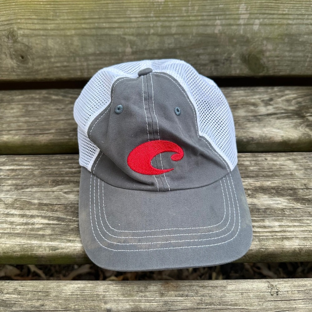 Costa Del Mar Mens Trucker Hat Grey White Mesh‎ Red Logo Adjustable Fishing Cap